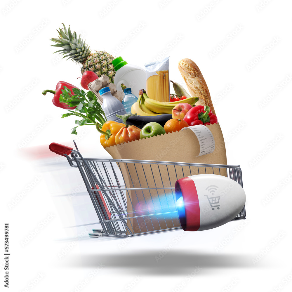 Fast flying shopping cart delivering groceries