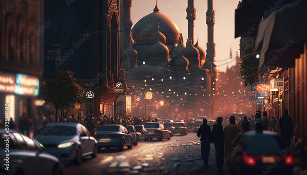 Bustling street of eastern town. Mosque, cars and people. Generative AI