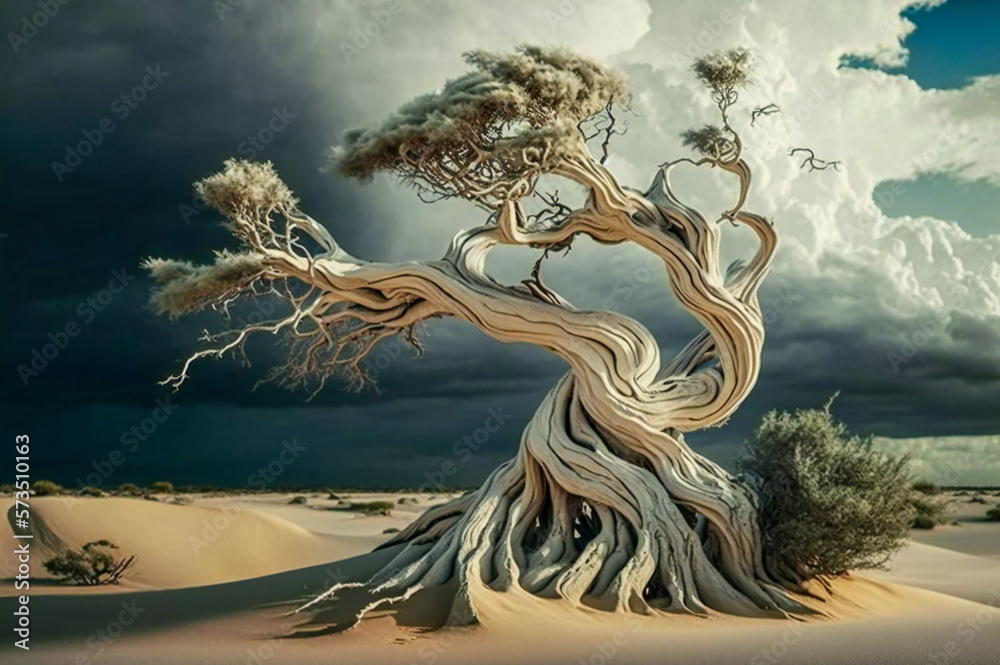Illustration of a lonely dried tree in a desert. Stormy sky and clouds in background. Created with G