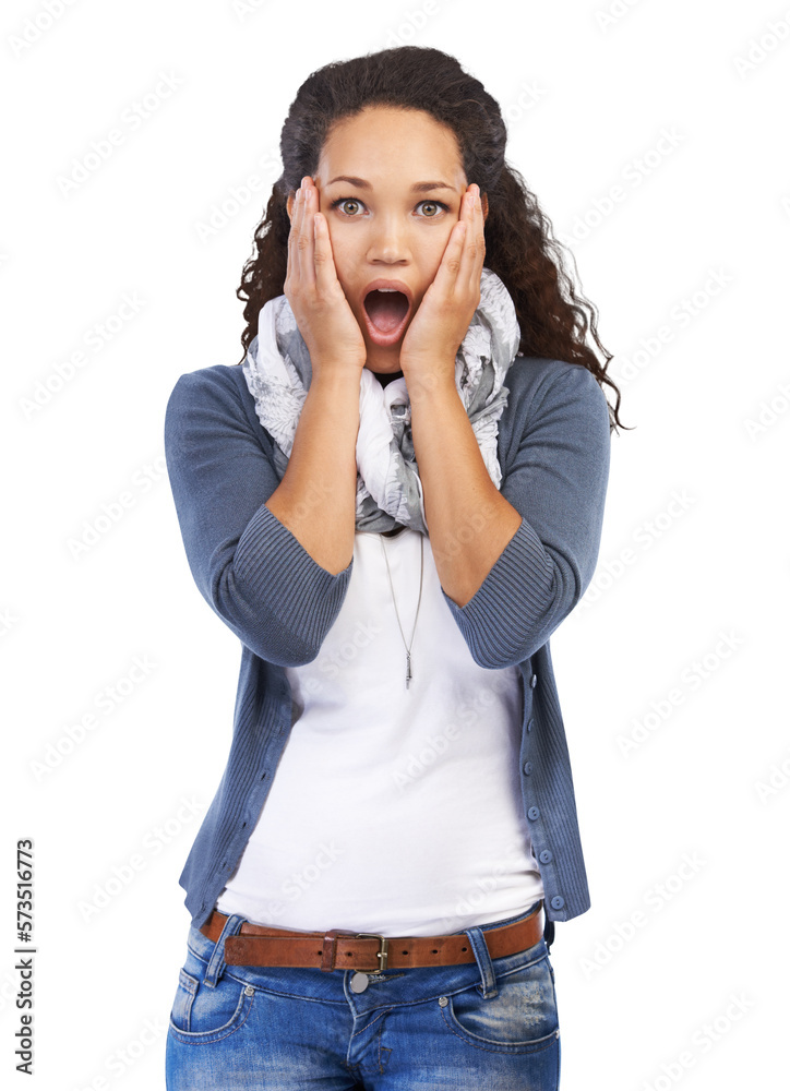 A happy and surprised Hispanic young woman shouts and holds her cheeks by hand with an expressive fa