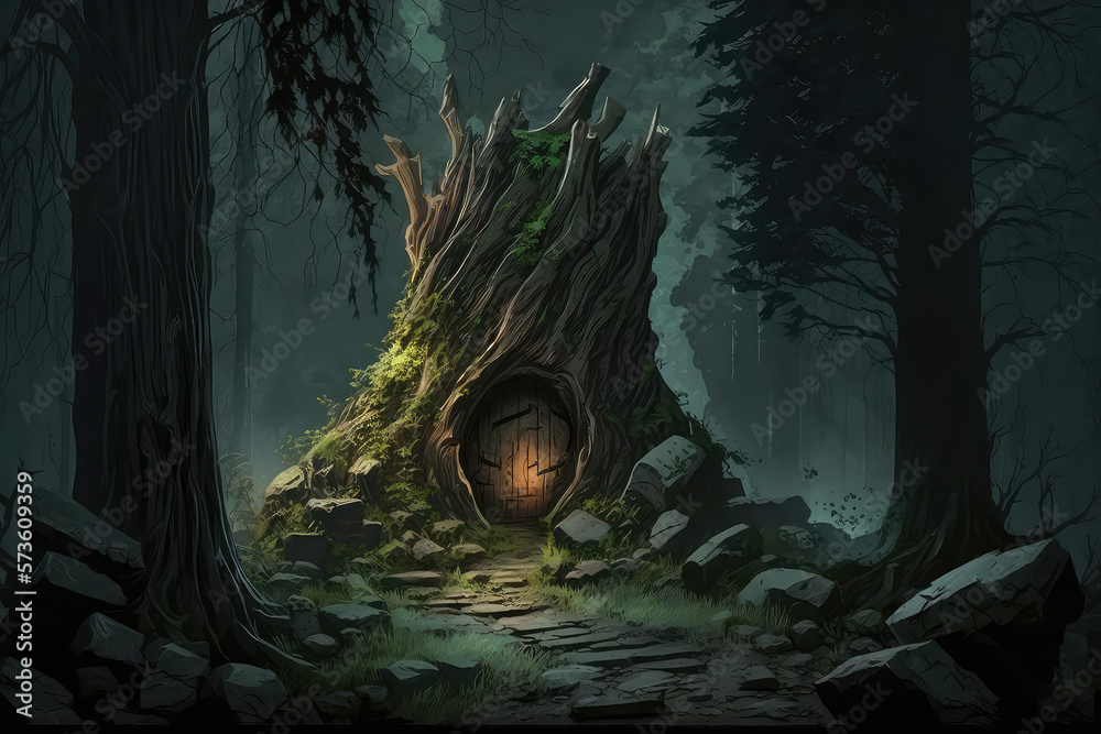 magical fantasy fairy tale scenery of tree house at night in a forest (ai generated)