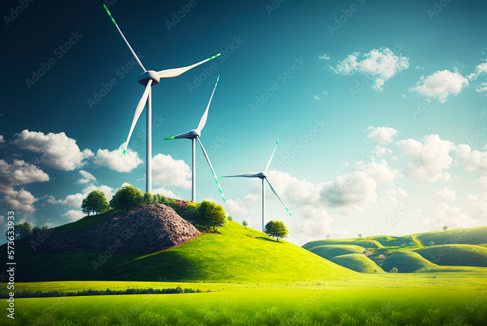 Landscape with windmills. Renewable electricity technology. Generative AI