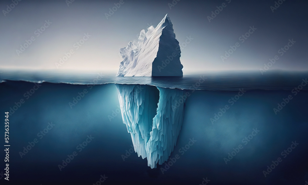 Submerged iceberg in a ocean. Splitwater image of white ice huge lump in water. Antarctic landscape.