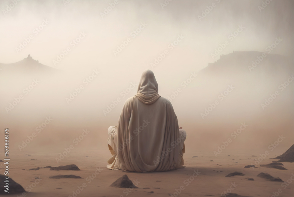 Man in white coat sit and pray in a desert sands during the storm. Sand in a air, dusty mist. Genera