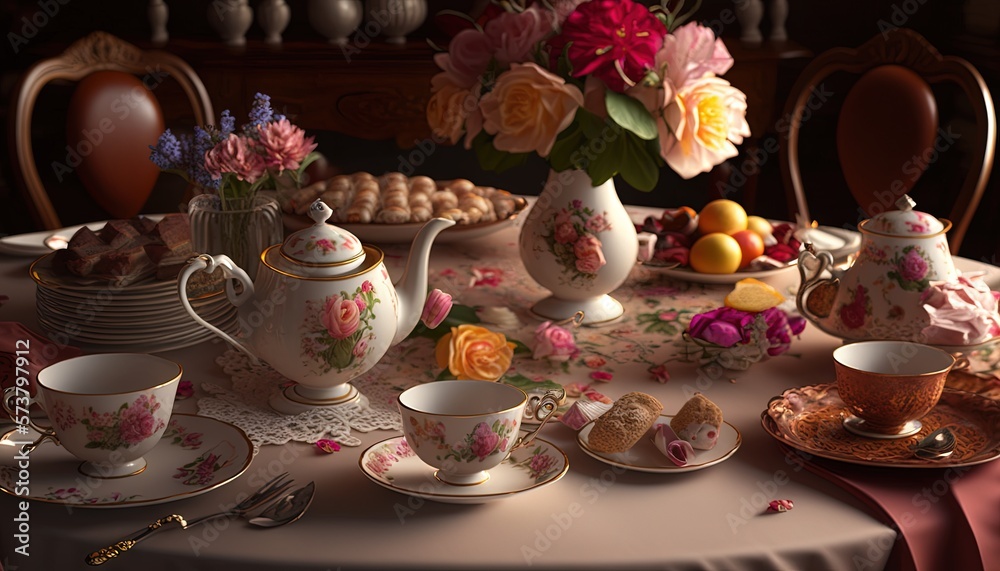  a table topped with a plate of food and cups filled with flowers and saucers next to a vase of flow