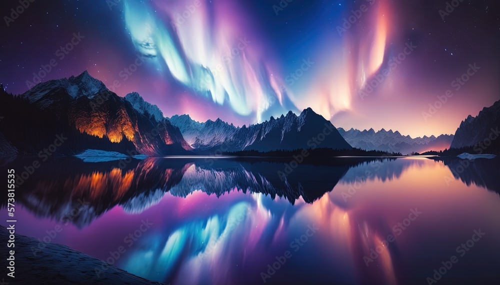  the aurora bore is reflected in the still water of a lake with mountains in the background and a pu
