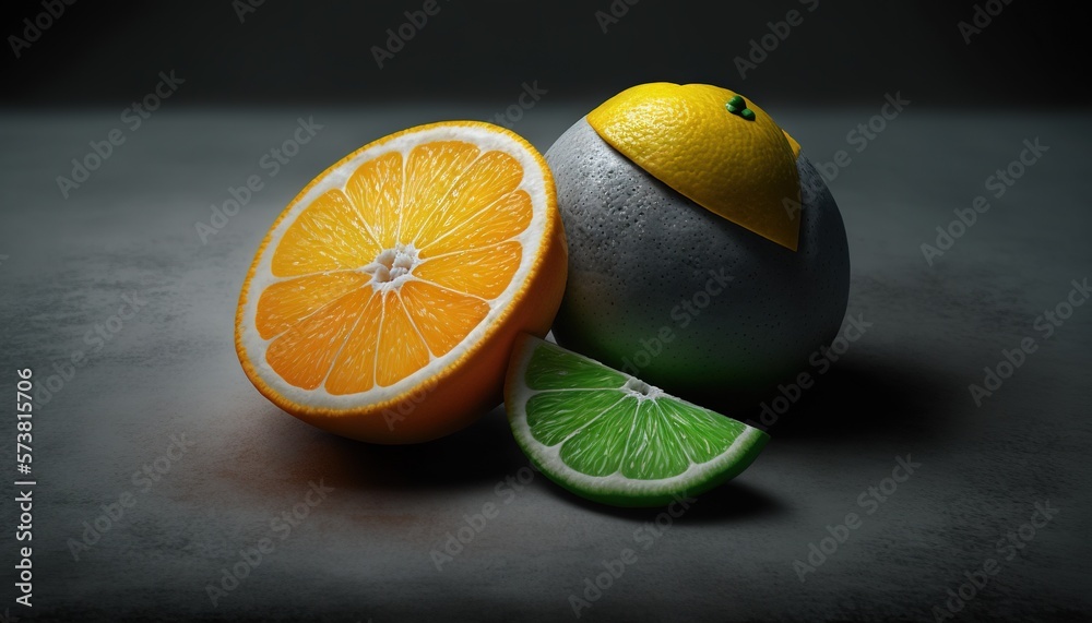  an orange and a lime are on a table with a gray surface and a gray ball is next to the orange and t