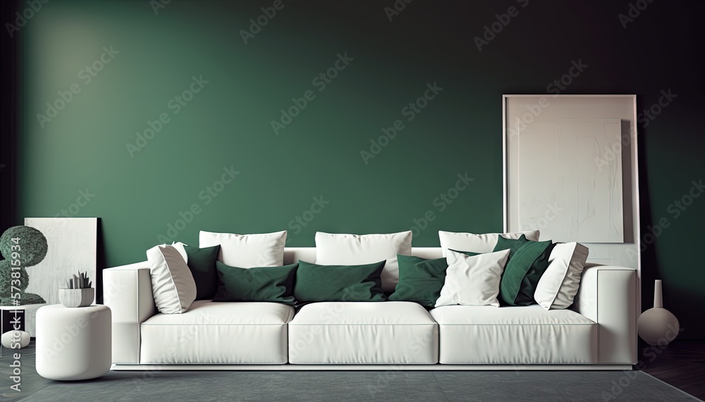  a living room with a white couch and green pillows on the back of the couch and a large mirror on t