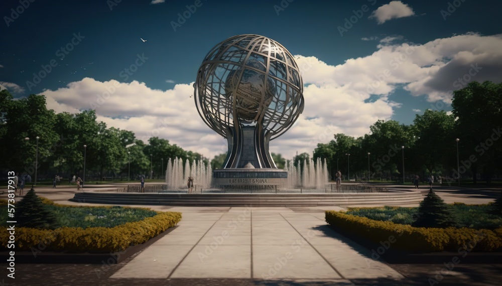  a large metal globe sitting in the middle of a park with a fountain and trees around it and a sky f