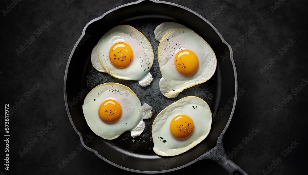  four fried eggs in a frying pan on a black table top with a spoon and a black cloth on the side of 