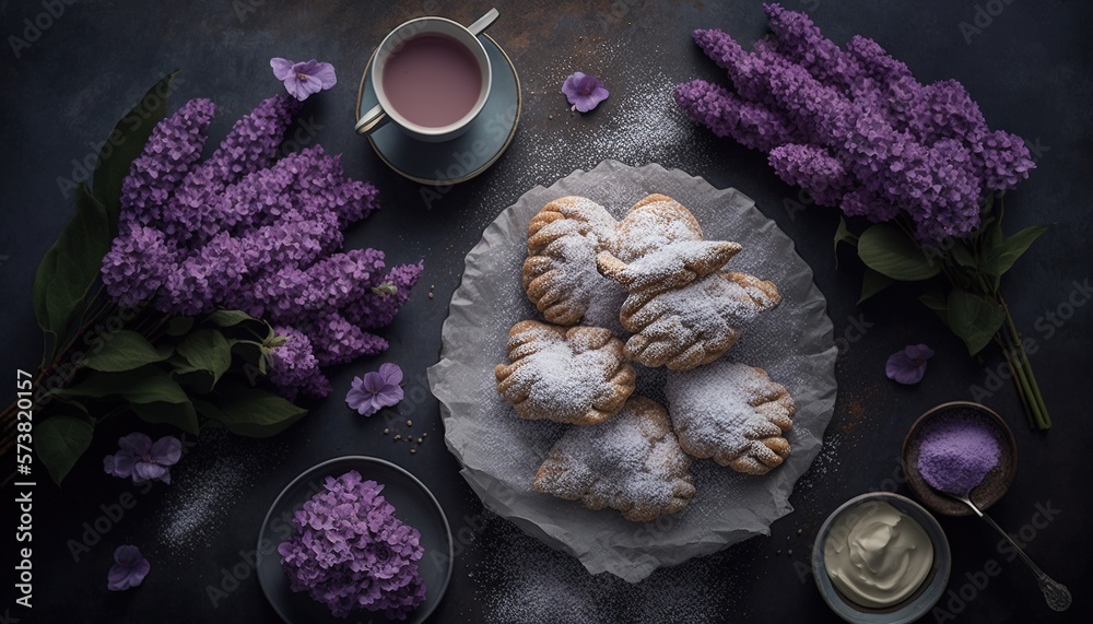  a plate of pastries and a cup of tea and flowers on a table with purple flowers and a cup of tea an