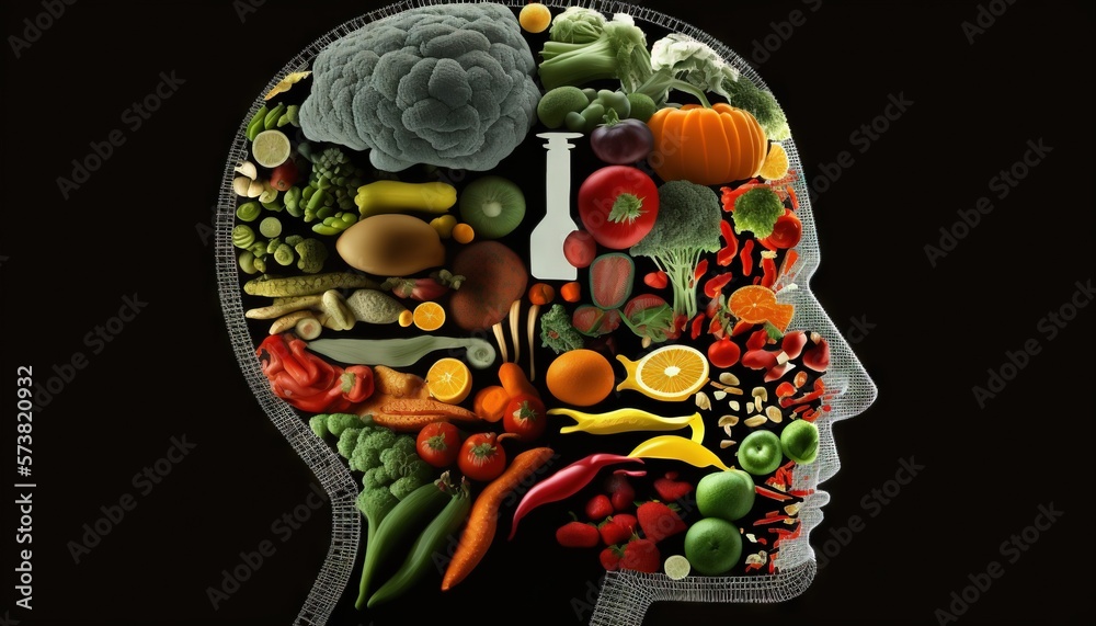  a picture of a humans head with a lot of different fruits and vegetables inside of the head and th