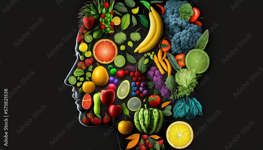  a persons head made up of a variety of fruits and vegetables in the shape of a humans head with a
