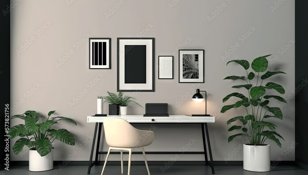  a room with a desk, chair, potted plants and pictures on the wall and a laptop on a desk with a lam