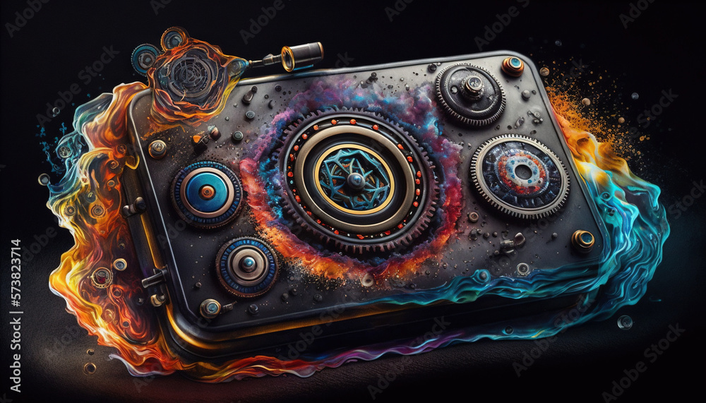 an artistic picture of a metal box with gears and wheels on its side, with a black background and 