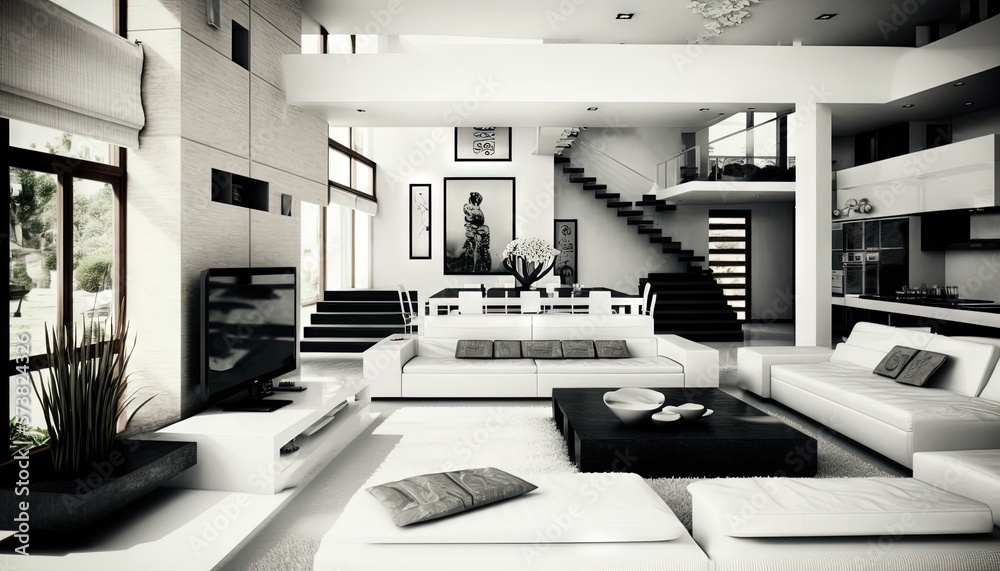  a modern living room with white couches and a staircase leading to the upper floor of the room, and