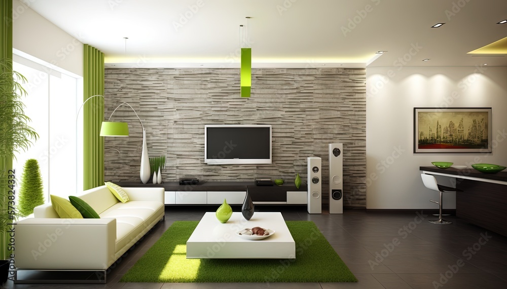  a modern living room with green accents and a white couch and a green rug on the floor and a televi