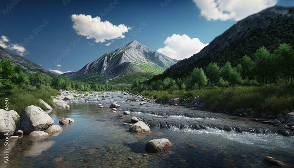  a digital painting of a mountain stream in a valley surrounded by rocks and grass with a blue sky w