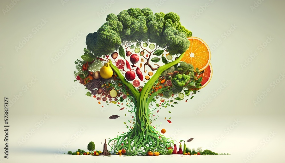  a tree with fruits and vegetables growing out of its roots and a slice of orange in the middle of 