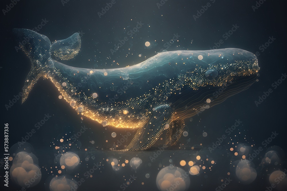 A whale with a lot of bubbles floating around its body and tail with a lot of bubbles floating arou