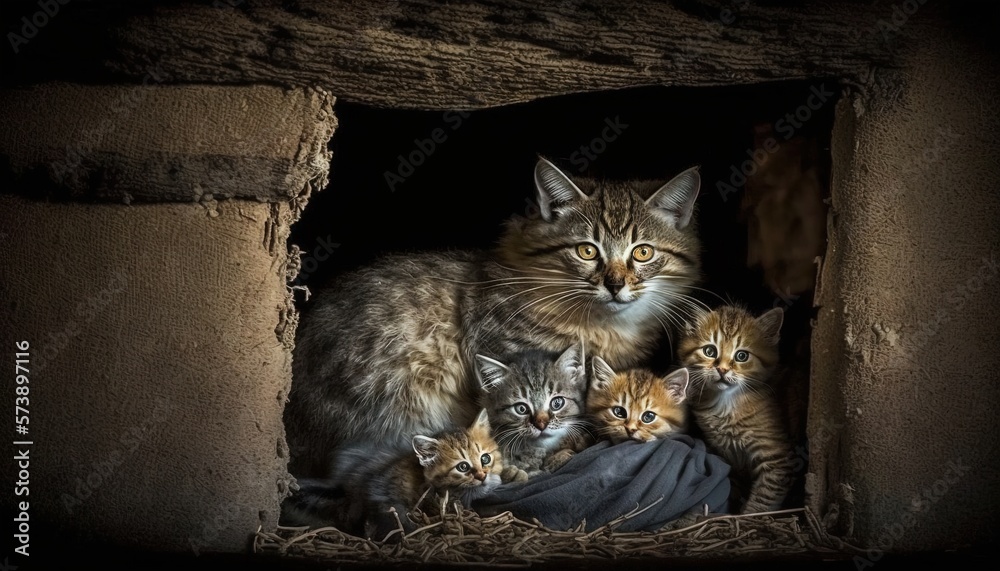  a group of kittens sitting in a hole in the wall of a building with a woman holding a baby kitten i