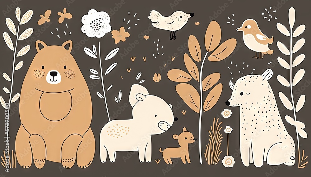  a drawing of a bear, bear, and other animals in a field with flowers and birds on a brown backgroun