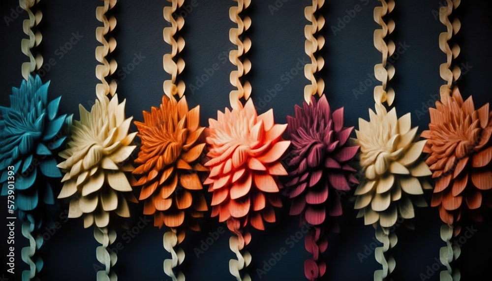  a bunch of paper flowers hanging on a wall with chains attached to its sides and attached to the w