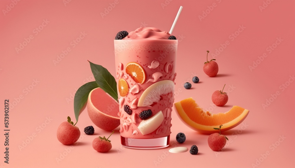  a pink smoothie with a strawberries and orange slices on a pink background with a strawberries and 