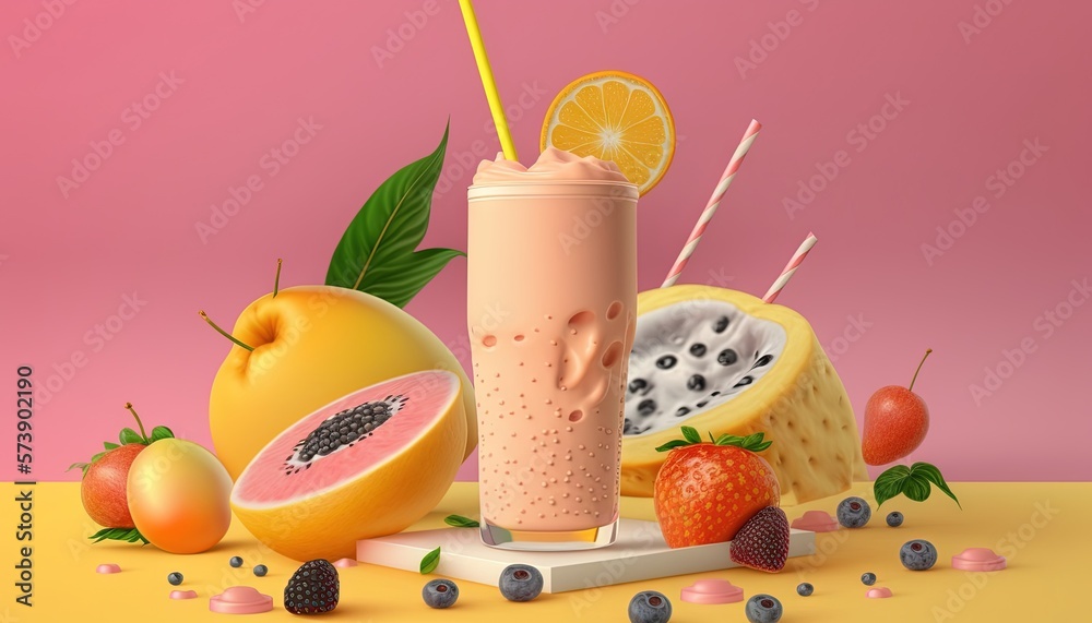  a smoothie drink surrounded by fruits and berries on a yellow surface with a pink background and a 