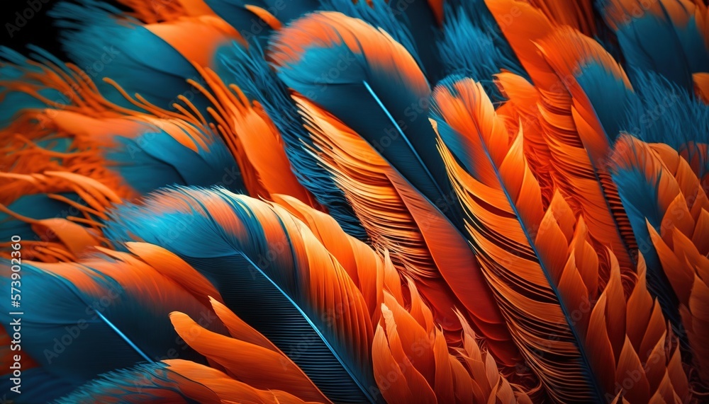  a close up of a bunch of feathers on a black background with a blue and orange color scheme on the 