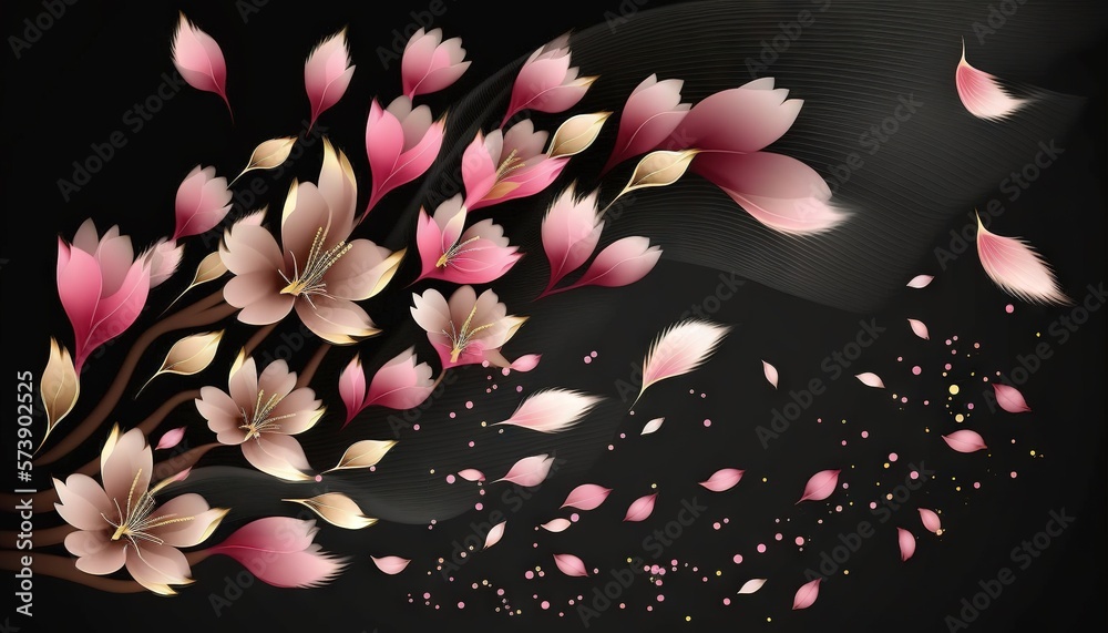  a bunch of pink flowers on a black background with a black background and a white and pink flower o