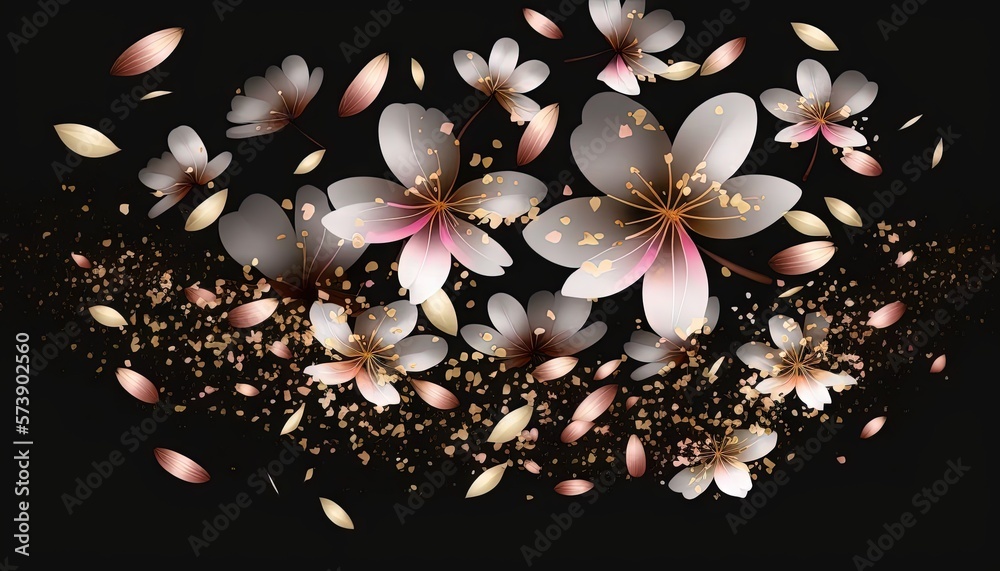  a bunch of flowers that are flying in the air with gold flakes around them on a black background wi