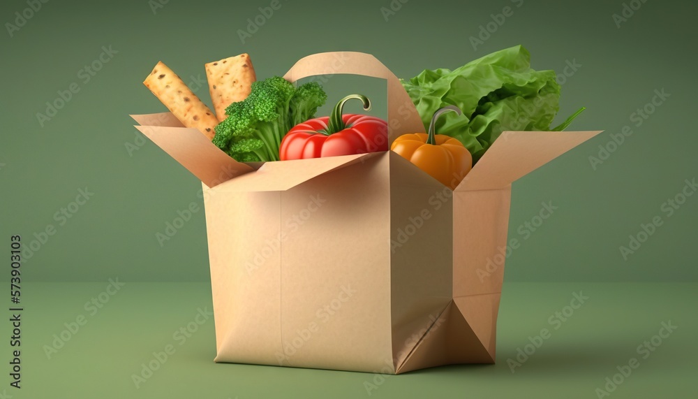  a paper bag filled with vegetables and crackers on a green background with a green background and a