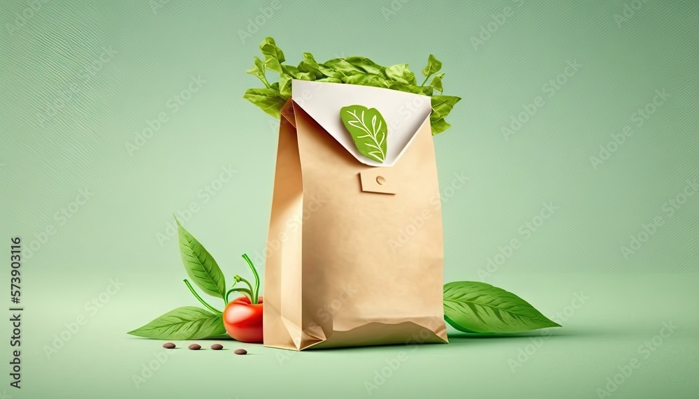  a paper bag with a plant inside of it on a green background with leaves and a tomato on the side of