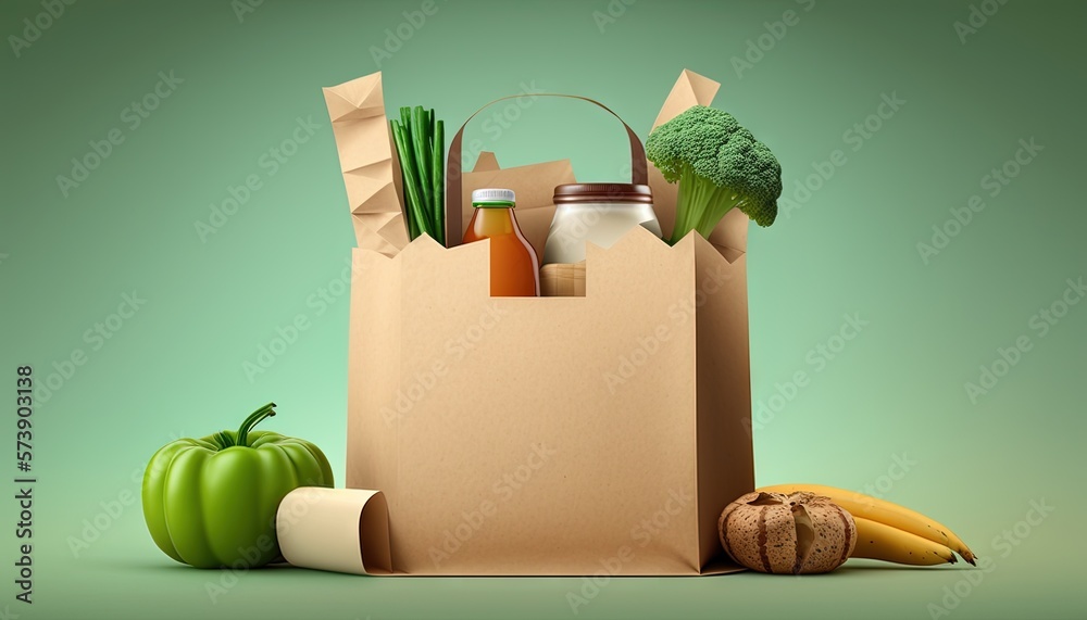  a paper bag filled with groceries and vegetables next to a bottle of juice and a can of juice on a 