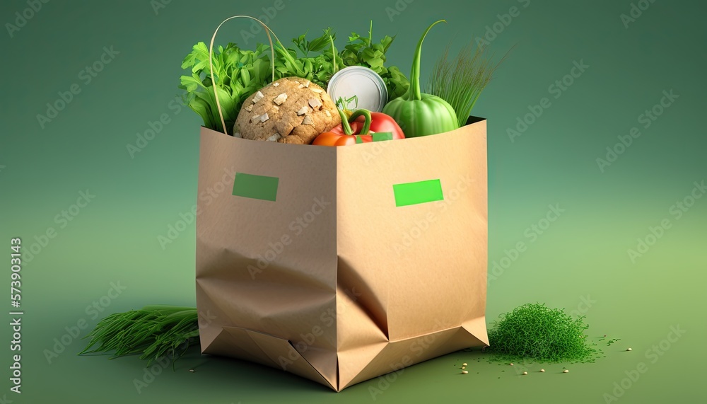  a paper bag filled with vegetables and a ball of meat on top of a green surface with a green border