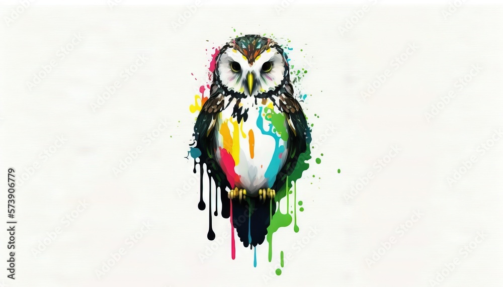  an owl with a colorful paint drips on its face and head is standing in front of a white background
