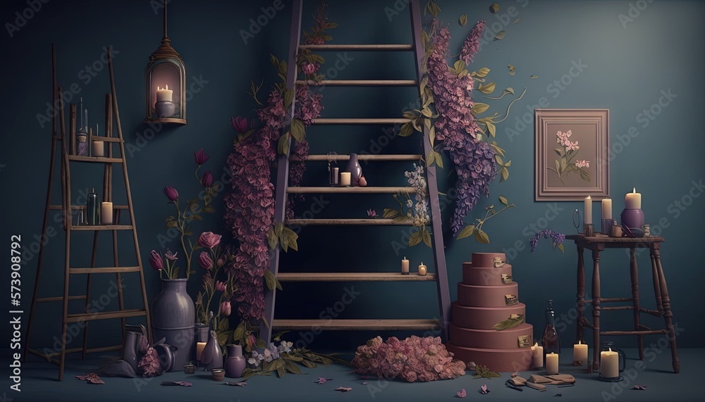  a room with a ladder, vases, candles, and flowers on the floor and a painting on the wall and a pai