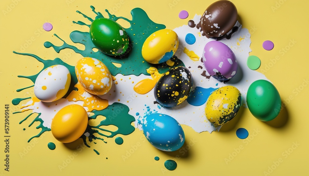  a group of colorful eggs sitting on top of a table next to paint splattered on a yellow surface wit