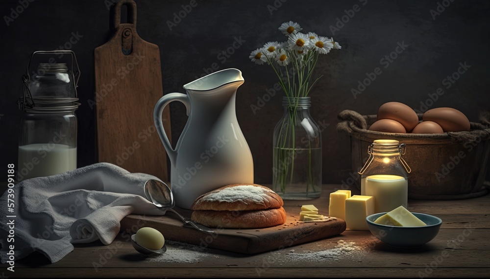  a still life with bread, butter, eggs, and a pitcher of milk on a table with a cloth and a vase of 