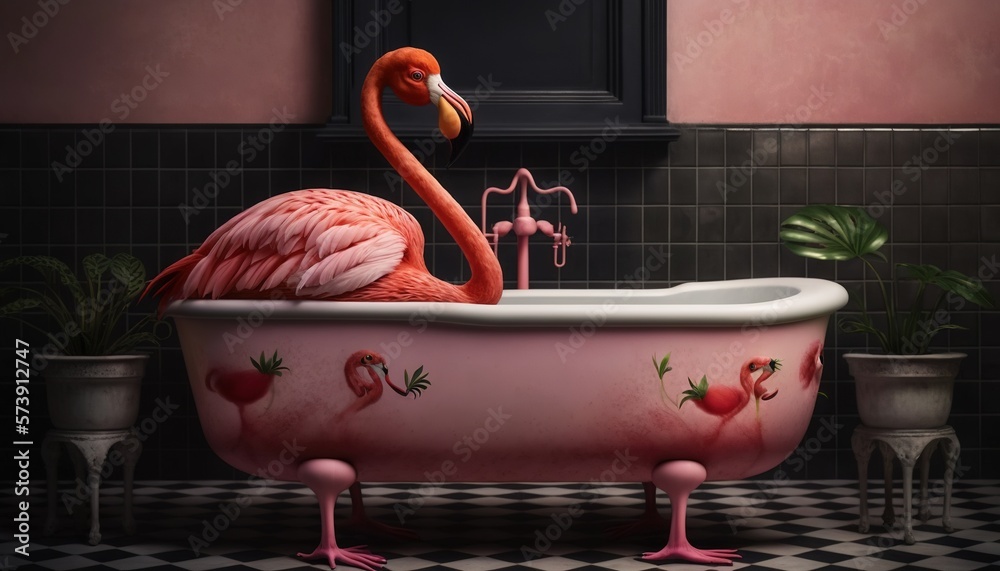  a pink flamingo in a bathtub with a pink faucet and a black and white checkered floor and a potted 