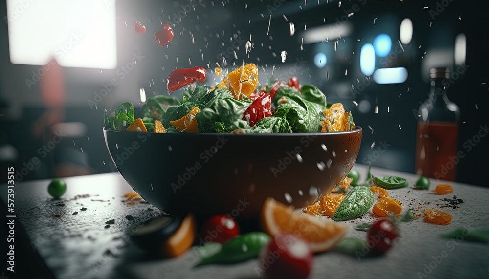  a bowl of salad with oranges, spinach and tomatoes on a table with a bottle of wine in the backgrou