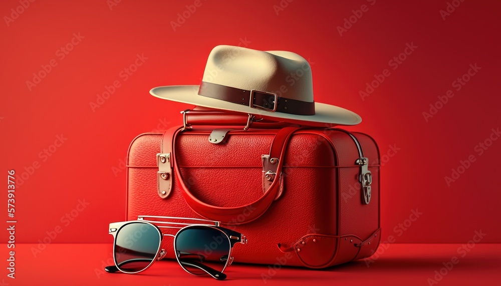  a red suitcase with a hat, sunglasses and a hat on top of it, sitting on a red surface, with a red 