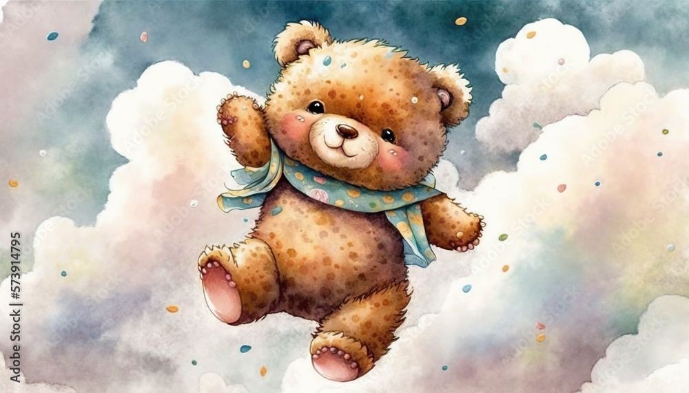  a brown teddy bear flying through a cloudy sky with a blue scarf around its neck and a blue and whi