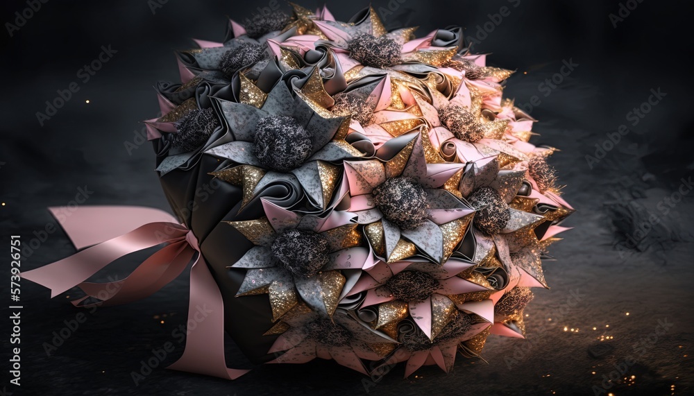  a ball of origami with a pink ribbon around it.  generative ai
