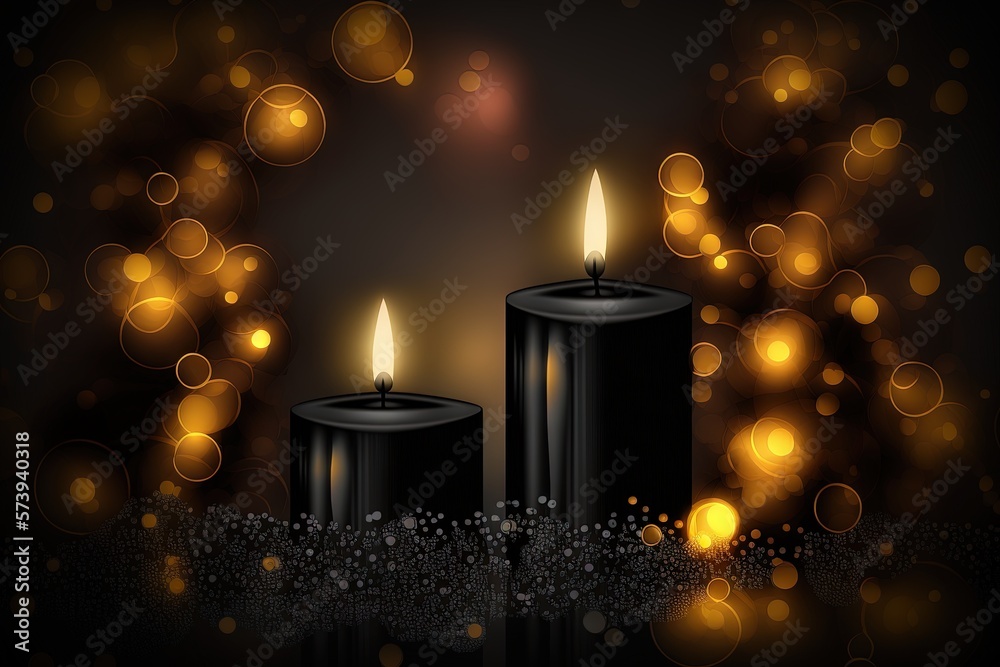 two black candles are lit on a dark background with lights.  generative ai