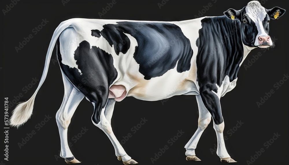  a black and white cow standing on a black background with yellow eyes.  generative ai