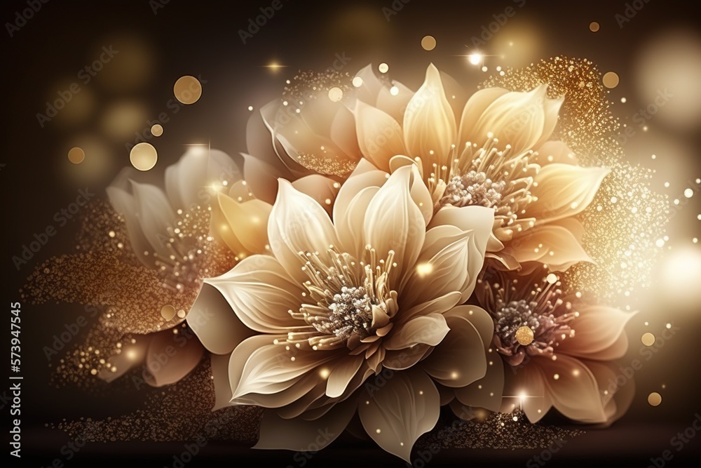  a bouquet of flowers on a black background with gold sparkles.  generative ai