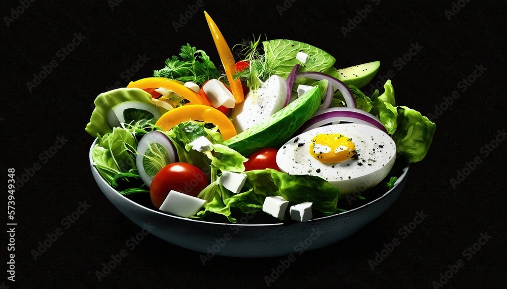  a bowl of salad with an egg on top of it.  generative ai