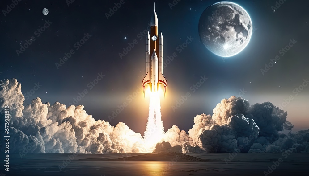  a space shuttle flying through the sky with a moon in the background.  generative ai